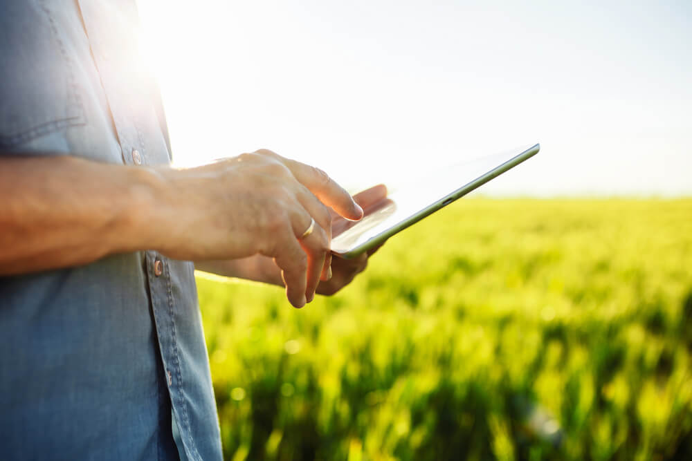 fazendeiro utilizando com tablet nas mãos e ao fundo o verde da plantação de sua fazenda, integrando o conceito cripto financeiro ao agronegocio